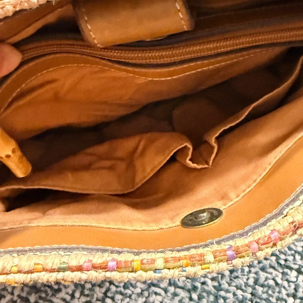 Fossil Multi-Color Woven Straw Leather Trim Shoulder Bag Tan Plaid Handbag